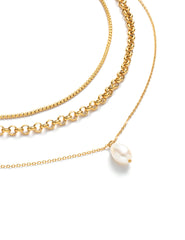 Gold Pearl Drop Triple Chain Necklace