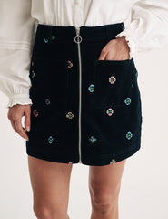 Black Embroidered Cord Zip Through Mini Skirt