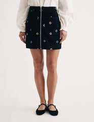 Black Embroidered Cord Zip Through Mini Skirt