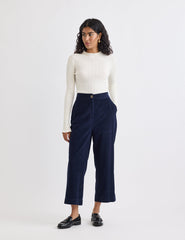Navy Cord Straight Leg Cropped Trousers