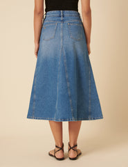 Mid Wash Denim A-line Midi Skirt