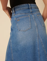 Mid Wash Denim A-line Midi Skirt