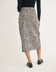 Leopard Print Denim Column Midi Skirt