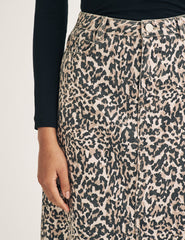 Leopard Print Denim Column Midi Skirt
