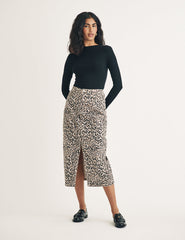 Leopard Print Denim Column Midi Skirt