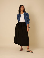 Black Linen-blend A-line Midi Skirt