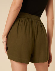 Khaki Drawstring Linen-blend Jet Shorts