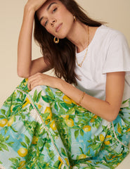 Green Lemon Print Tiered Midi Skirt