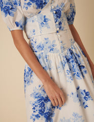 Blue Watercolour Floral Tailored Skirt