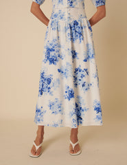 Blue Watercolour Floral Tailored Skirt