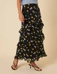 Black Floral Ruffle Tiered Midi Skirt