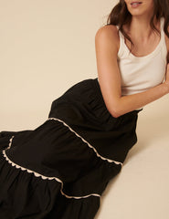 Black Scallop Trim Tiered Midi Skirt