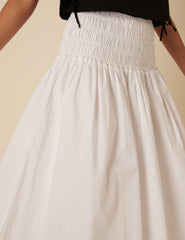 White Shirred Drop Waist Midi Skirt