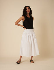 White Shirred Drop Waist Midi Skirt