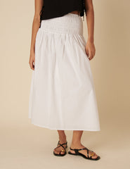 White Shirred Drop Waist Midi Skirt