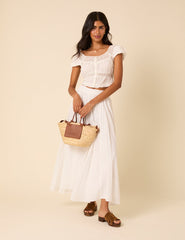 White Textured Spot Midi Skirt