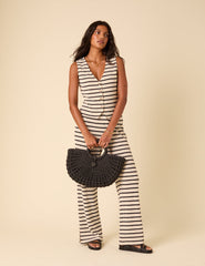 Black And Cream Striped Textured Wide Leg Trousers