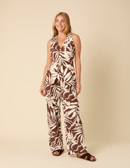 Brown Floral Linen-blend Trousers