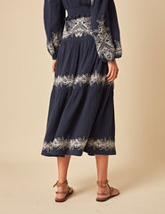 Navy Embroidered Midi Skirt