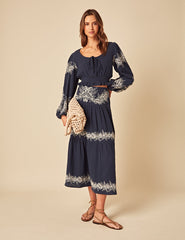 Navy Embroidered Midi Skirt