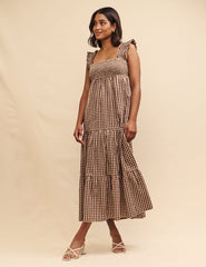Brown Gingham Check Maya Smock Midi Dress