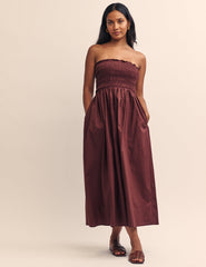 Brown Shirred Bandeau Annie Midi Dress