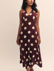 Brown Polka Dot Halterneck Sabina Midi Dress