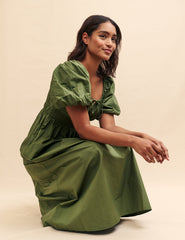 Forest Green Puff Sleeve Evelyn Midi Dress