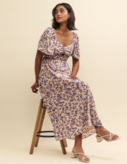 Multi Ditsy Floral Cut Work Detail Tulip Midi Dress