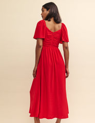 Red Cut Work Detail Tulip Midi Dress