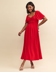 Red Cut Work Detail Tulip Midi Dress