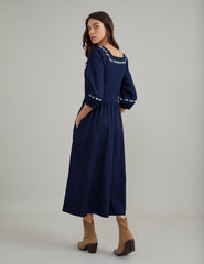 Dark Blue Denim Embroidered Garland Midi Dress