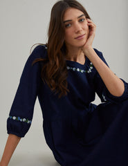 Dark Blue Denim Embroidered Garland Midi Dress
