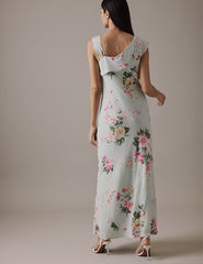 Floral Green Asymmetric Neckline Midi Gardenia Dress
