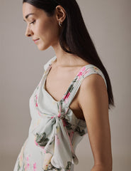 Floral Green Asymmetric Neckline Midi Gardenia Dress