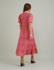 Pink Puff Sleeve Tiered Alexandra Midi Dress