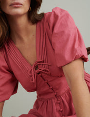 Pink Puff Sleeve Tiered Alexandra Midi Dress