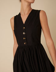 Black Button Down A-line Oak Midi Dress