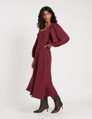 Burgundy Balloon Sleeve Loredana Midi Dress
