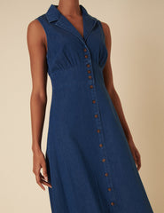 Dark Wash Denim Collared Button Down Sleeveless Betsie Dress