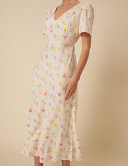 Cream Floral Printed Flora Midi Dress