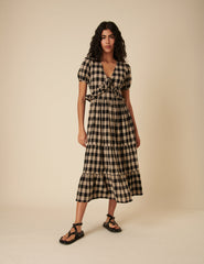 Black Check Short Sleeve Katie Midi Dress