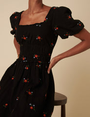 Black Floral Embroidered Puff Sleeve Aggie Midi Dress