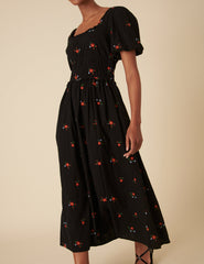Black Floral Embroidered Puff Sleeve Aggie Midi Dress