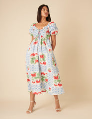 Blue Tile Print Floral Joanna Midi Dress