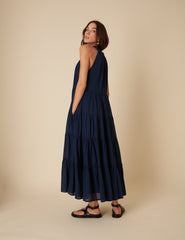 Navy Tie-Front Tiered Eileen Midi Dress