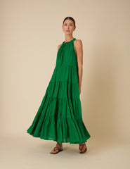 Green Tie-Front Tiered Eileen Midi Dress