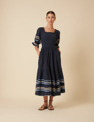 Navy Ruched Contrast Trim Rhett Midi Dress
