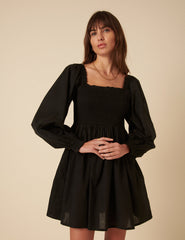 Black Shirred Long Sleeve Tasmin Mini Dress