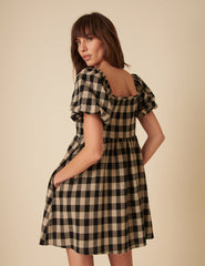 Black And Beige Check Puff Sleeve Mini Dress